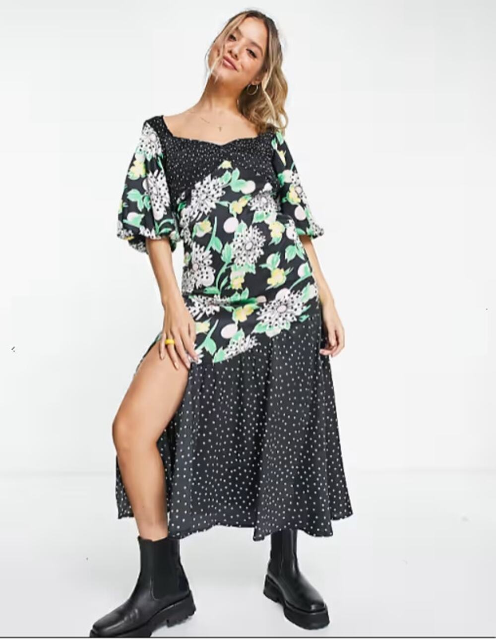 ASOS Curve Black Floral Midi Dress with Green and White Accents